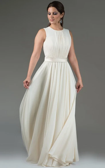 Scoop Neck Pleated A-Line Chiffon Long Bridesmaid Dress With Satin Sash