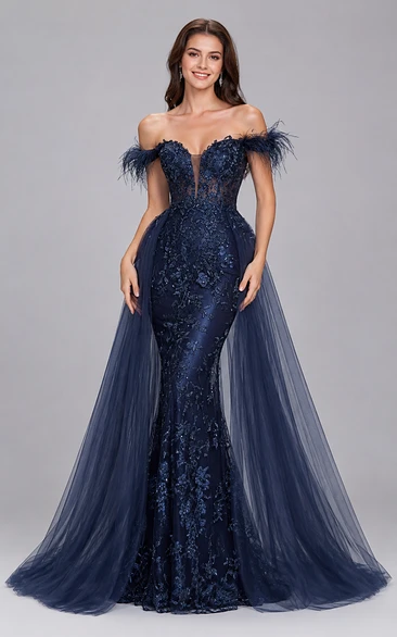 Sequin Prom Dress in Dark Navy, Off-the-shoulder, Sweetheart Mermaid Floor-Length Gown with Sequins and Feathers/Fur