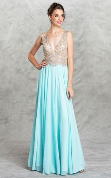 A-Line Long V-Neck Sleeveless Chiffon Deep-V Back Dress With Beading And Pleats
