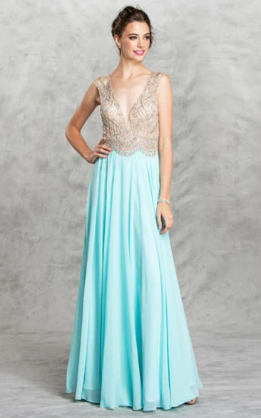 A-Line Long V-Neck Sleeveless Chiffon Deep-V Back Dress With Beading And Pleats