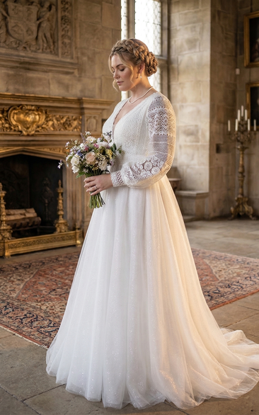 Plus Size Modest Long Sleeve Lace A-Line Wedding Dress with V-Neck