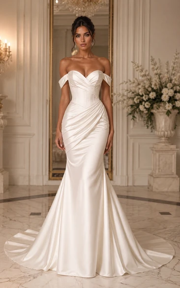 Off-the-Shoulder Satin Mermaid Vintage Wedding Dress