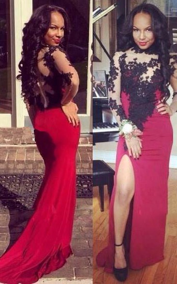 Gorgeous Long Sleeves Black Lace Evening Dresses Long Slit Party Gowns