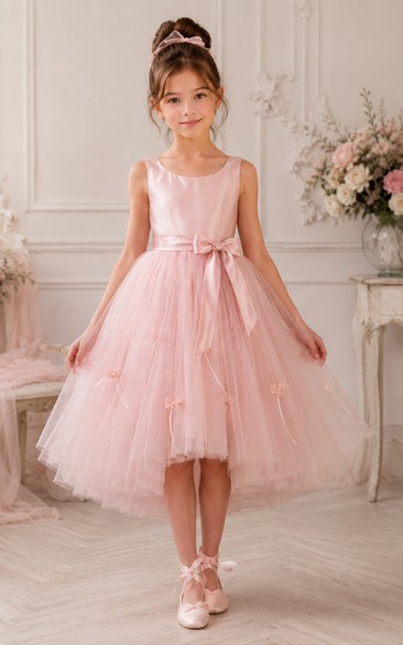 A-line Tea-length Sleeveless Tulle Flower Girl Dress with Pink sleeveless tulle with a simple bow sash