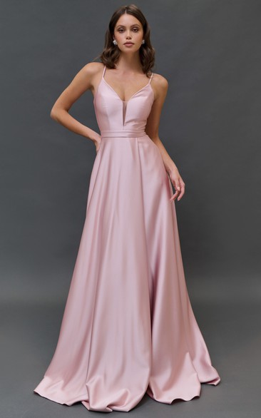 Pink Spaghetti Satin Empire Notched Dress