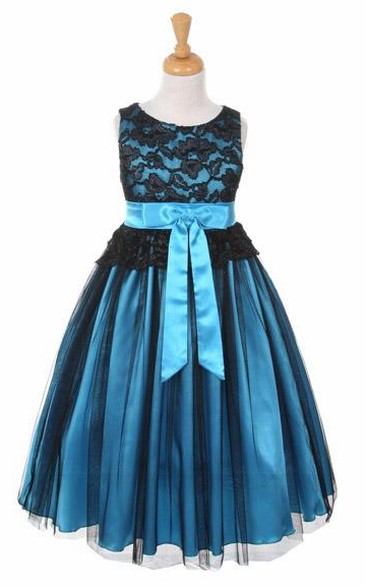 Tea-Length Sleeveless Tulle&Lace Flower Girl Dress