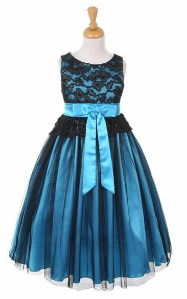Tea-Length Sleeveless Tulle&Lace Flower Girl Dress