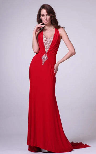 Sheath Long Sleeveless Jersey Sweep Train Dress With Beading