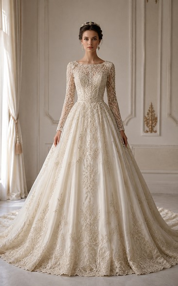 Vintage Long Sleeve Lace Ball Gown Wedding Dress