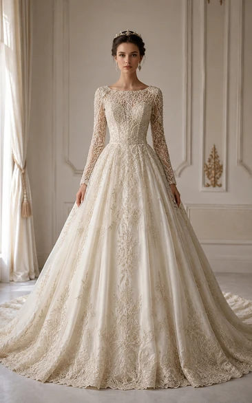 Vintage Long Sleeve Lace Ball Gown Wedding Dress