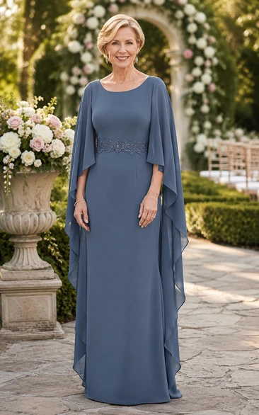 Steel Blue Sheath Cape Sleeve Beaded Waist Mother Dress