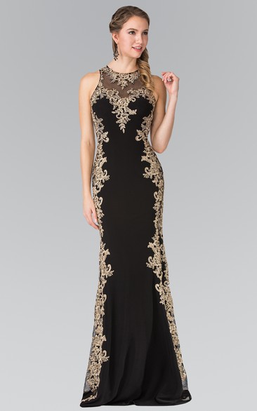 Sheath Long Jewel-Neck Sleeveless Jersey Keyhole Dress With Appliques