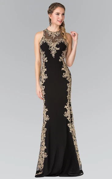 Sheath Long Jewel-Neck Sleeveless Jersey Keyhole Dress With Appliques