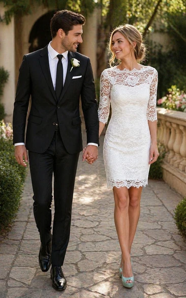 Short White Lace Wedding Dress | Casual Knee Length Bridal Gown with Sleeve