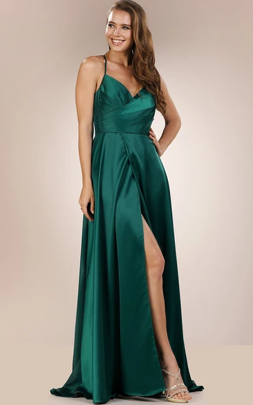 Modern Sleeveless Floor-length A Line Satin Backless Formal Dress with Split Front