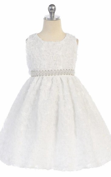 Tea-Length Tiered Beaded Sequins Flower Girl Dress