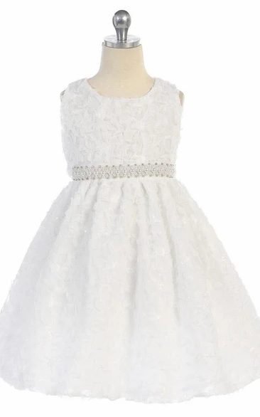 Tea-Length Tiered Beaded Sequins Flower Girl Dress