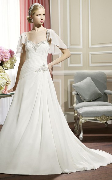 A-Line Poet-Sleeve Long Sweetheart Beaded Wedding Dress With Criss Cross And Draping