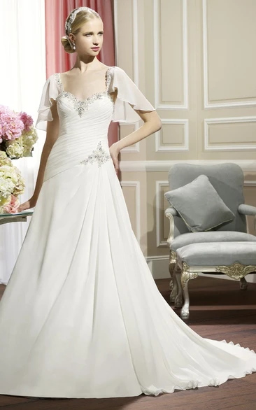 A-Line Poet-Sleeve Long Sweetheart Beaded Wedding Dress With Criss Cross And Draping