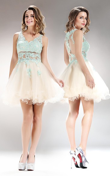 A-Line Mini V-Neck Sleeveless Tulle Lace Illusion Dress With Appliques