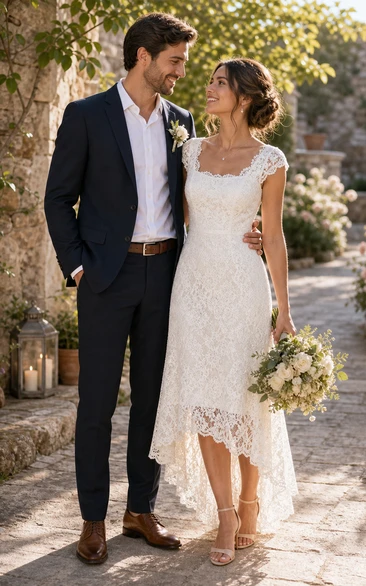High Low U Neck Cap Sleeves Modest Elegant Lace Wedding Dress