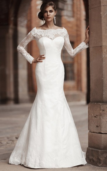 Mermaid Bateau-Neck Floor-Length Long-Sleeve Appliqued Lace Wedding Dress