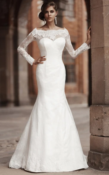 Mermaid Bateau-Neck Floor-Length Long-Sleeve Appliqued Lace Wedding Dress