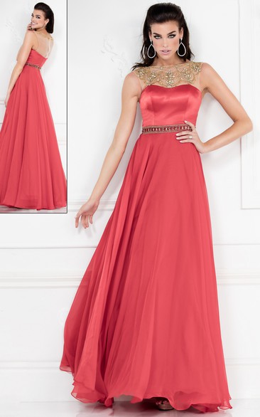 A-Line Bateau Sleeveless Chiffon Satin Illusion Dress With Beading
