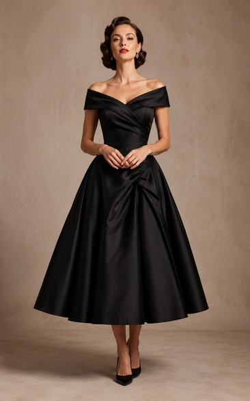 Black Off-the-Shoulder Satin Tea-Length Wedding Dress