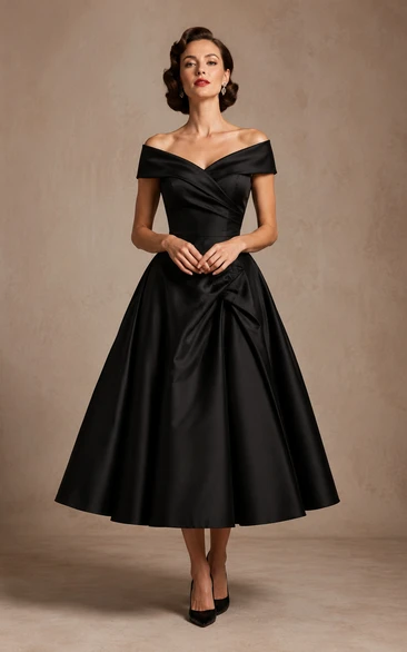 Black Off-the-Shoulder Satin Tea-Length Wedding Dress