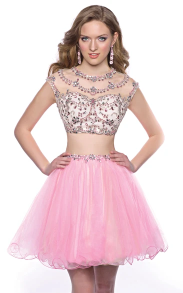 Cap Sleeve Two-Piece Mini Homecoming Dress With Jeweled Top And Tulle Skirt