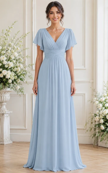 Sky Blue V-neck Short Sleeve A-Line Chiffon Bridesmaid Dress