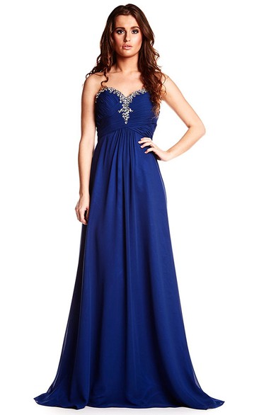 Sleeveless Beaded Sweetheart Chiffon Prom Dress With Brush Train