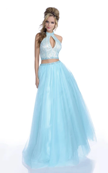 Crop Top A-Line Tulle Sleeveless Prom Dress With Crystal Bodice And Halter