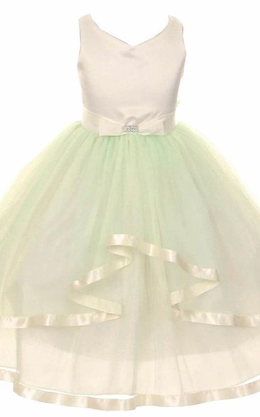Tea-Length Peplum Bowed Tiered Tulle&Satin Flower Girl Dress With Ribbon