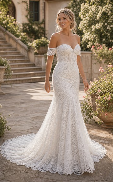 Boho Sweetheart Sheath Lace Empire Sweep Train Wedding Dress