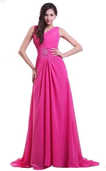 V-neckline Sweep Train With Pleat and Beading