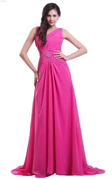 V-neckline Sweep Train With Pleat and Beading