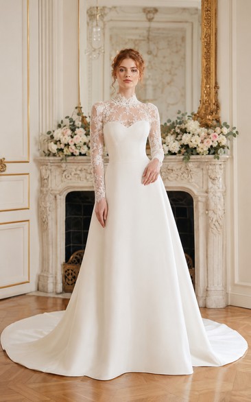White Illusion Lace Sleeve Satin A-Line Wedding Dress
