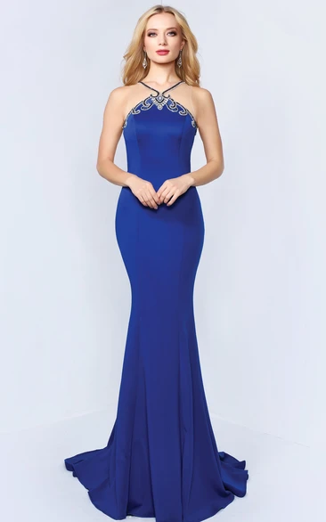 Sheath Halter Sleeveless Jersey Illusion Dress With Beading