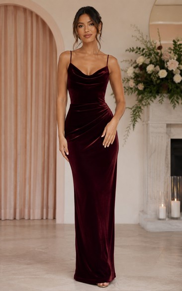 Burgundy Velvet Cowl Sheath Bridesmaid Dress