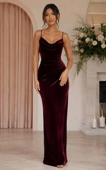 Burgundy Velvet Cowl Sheath Bridesmaid Dress