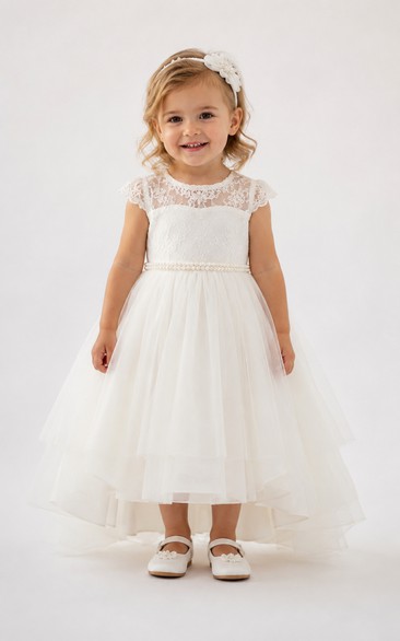 Baby Christening Gown Modest A-Line Short Sleeve Tulle Lace Tea-Length with Bow Sash in Ivory