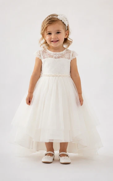 Baby Christening Gown Modest A-Line Short Sleeve Tulle Lace Tea-Length with Bow Sash in Ivory