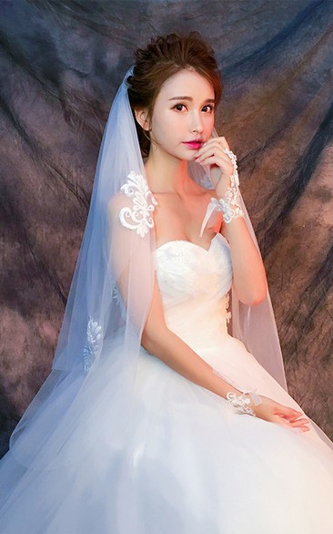 Simple Puffy Short Tulle Wedding Veil with Appliques