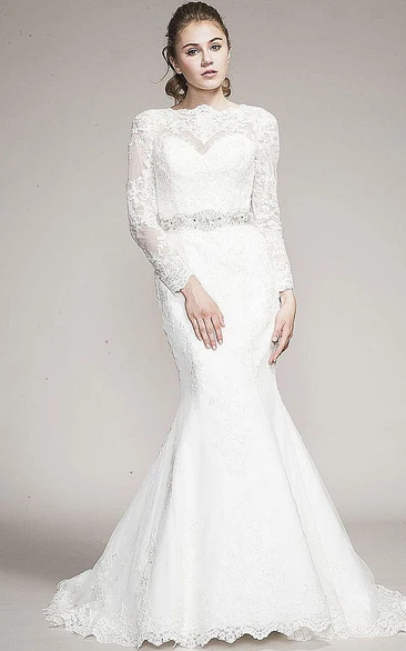 Mermaid Appliqued Long-Sleeve High Neck Lace Wedding Dress With Waist Jewellery And Bow