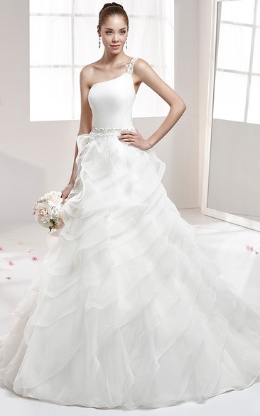 One-Strap Pleating A-Line Gown With Beaded Belt And Ruffled Skirt