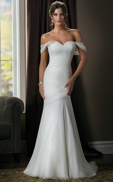 Off-The-Shoulder Trumpet Mermaid Wedding Dress With Ruches And Crystals