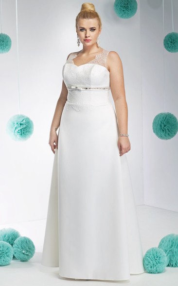 Sleeveless Long Lace V-Neck Satin Plus Size Wedding Dress With Waist Jewellery