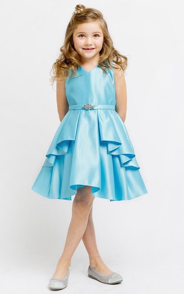 Split Midi Split-Front Beaded Satin Flower Girl Dress With Ribbon